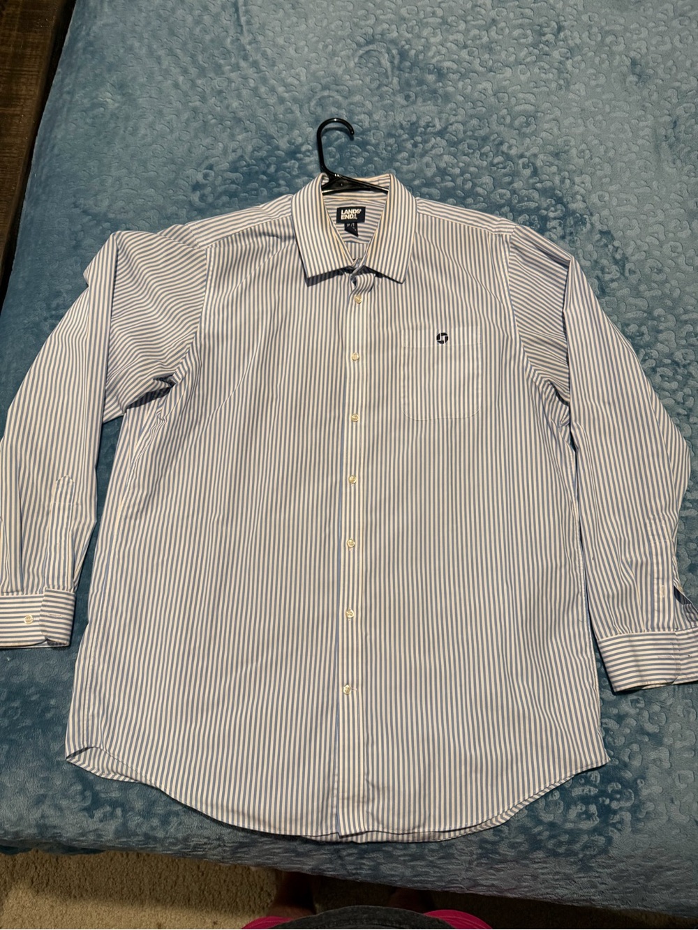 Lands' End Men's Blue and White Striped Dress Shirt